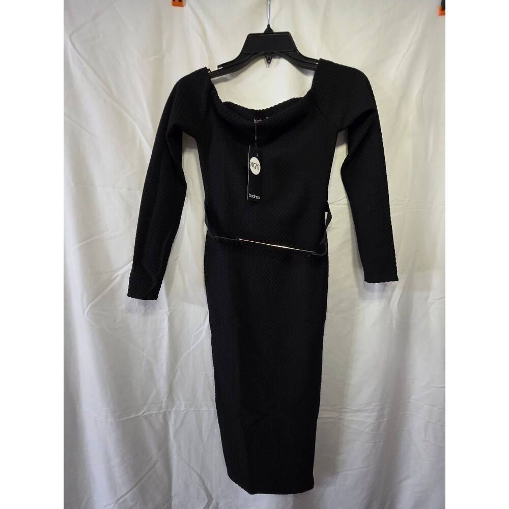boohoo NIGHT Black Belted Sheath Midi Dress US 2 XS Long Sleeve